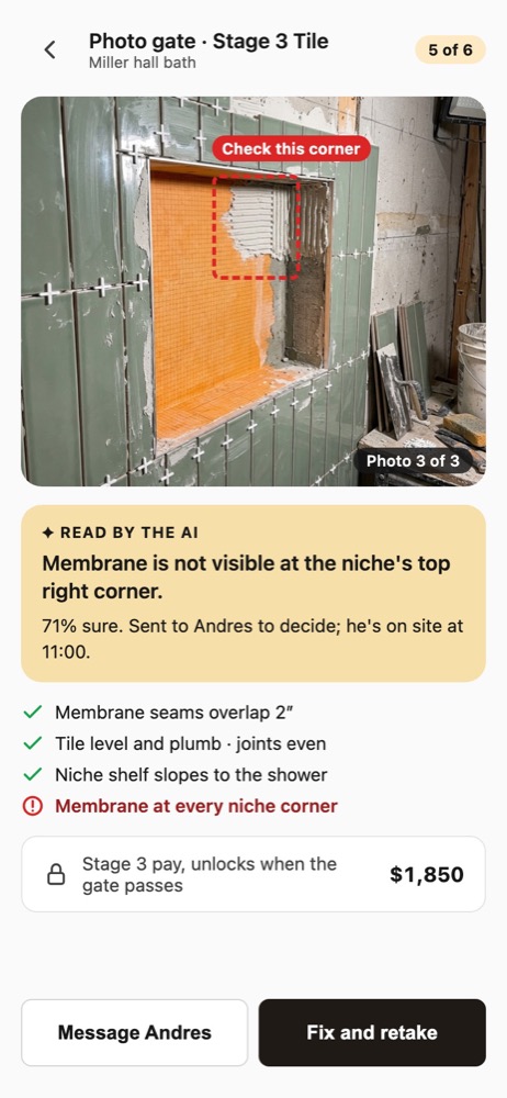 App screen of a stage photo check for shower tile, with a checklist of items to verify