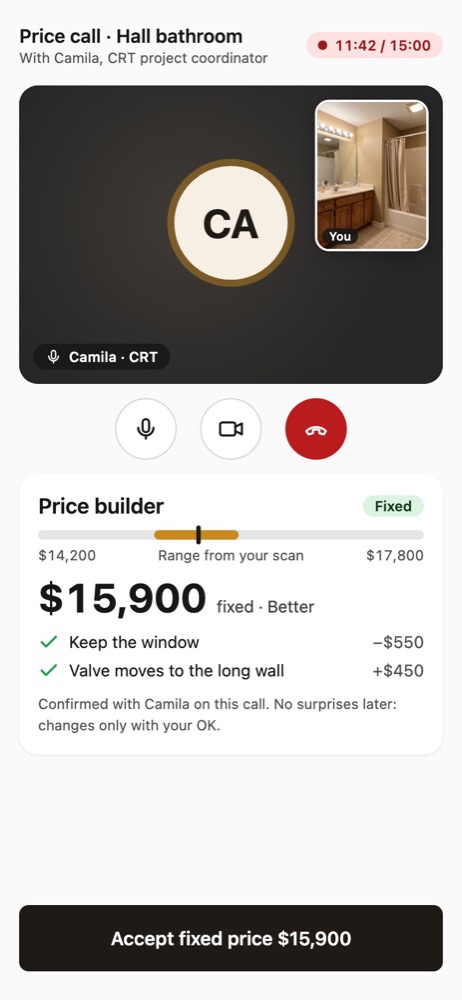 App screen of a video call with a price builder that settles on a fixed price