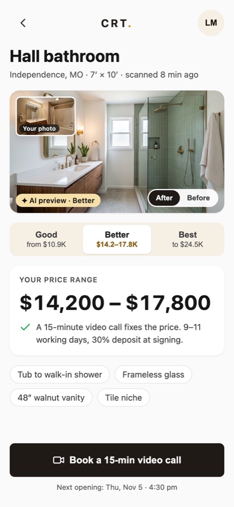 App screen showing a hall bathroom price range of $14,200 to $17,800 with Good, Better and Best options and a preview of the finished room
