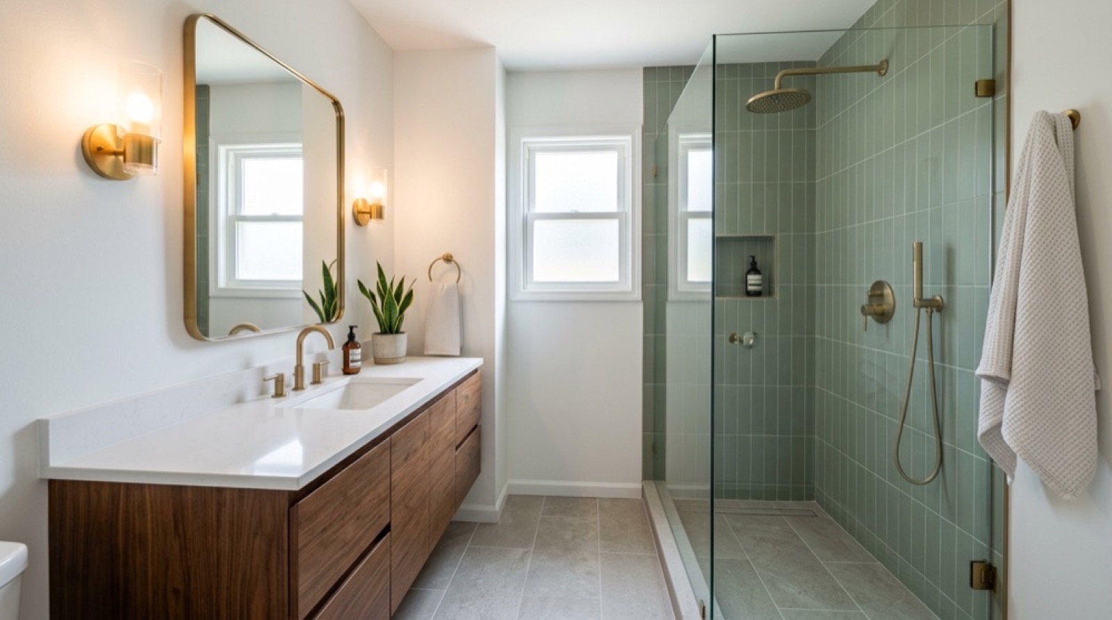 After: hall bathroom with a walnut vanity, sage green tiled walk-in glass shower and brass fixtures