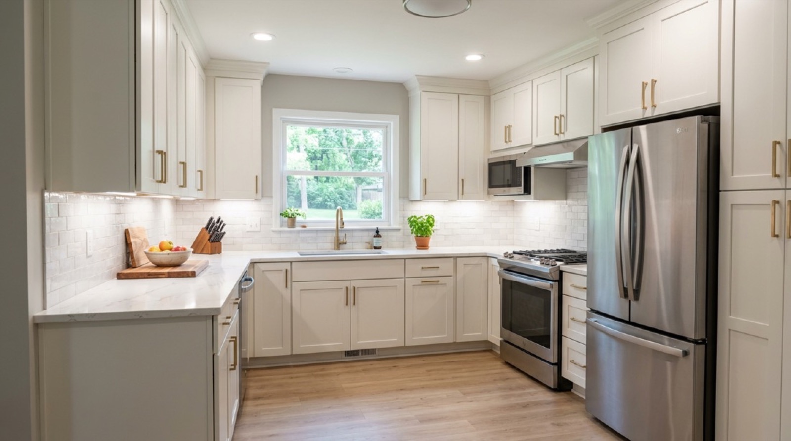 After: kitchen with white shaker cabinets, quartz counters and stainless appliances