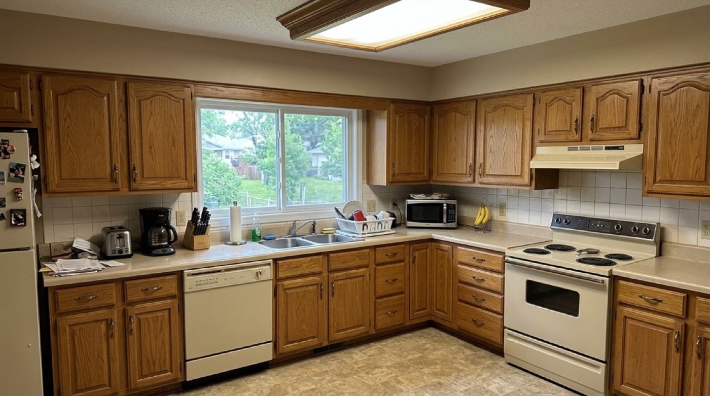 Before: 1990s kitchen with honey oak cabinets and laminate counters